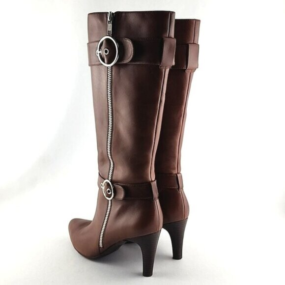 ECCO Tall Tan Brown Leather Heeled Boots Strap  Buckle Zip Feature Size 37 - Picture 5 of 16